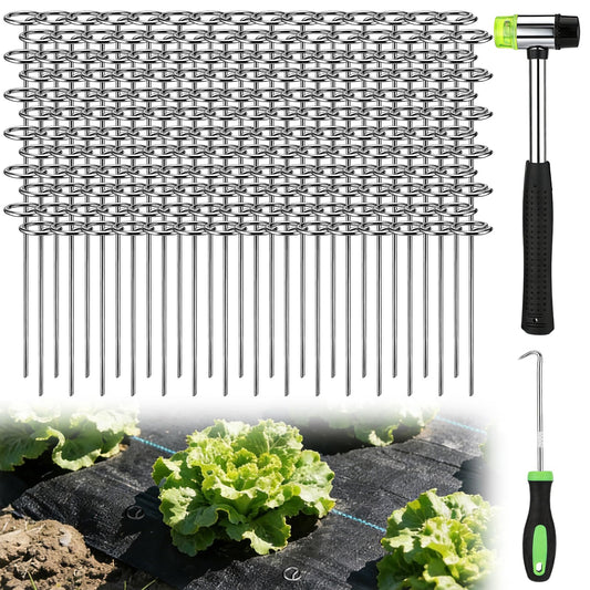 6 Inch Landscape Staples with Hook & Hammer - 200pcs Circle Top Weed Barrier Stakes Kit, 9 Gauge Galvanized Rust-Resistant Garden Fabric Pins, for SOD, Garden Edging, Install & Remove Tools Included