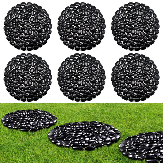 Ausluru 10in River Rock Stepping Stones Set - 6 Pack | Polished Pebble | Long-Lasting PVC Mesh Backing | Perfect for Garden Paths and Lawns Outdoor Landscaping Decoration | Black Circle