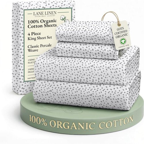 Lane Linen 100% Organic Cotton King Bed Set - Ultra Soft Percale Weave Bedding in Haze Grey