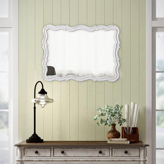 Sintosin Rustic Scalloped Wall Mirror Decorative 24 X 18 Inch, Hanging Distressed White Wavy Wooden Frame Farmhouse Rectangular Mirrors for Wall Decor Living Room Bathroom, Horizontal or Vertical