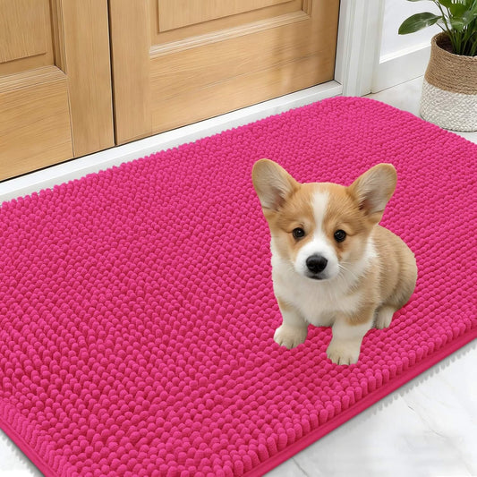 OLANLY Dog Door Mat - Absorbent Non-Slip Mud Mat for Dogs | Quick Dry Chenille, 30x17, Hot Pink