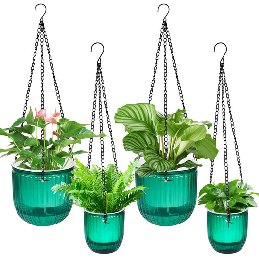 Boocalny 4Pcs Self Watering Hanging Planter, 6.5'' 4.5'' Hanging Plant Pots with Drainage Holes,Plastic Hanging Plant Flower Pots Baskets,Visible Hanging Planters for Indoor Plant Garden Home(Emerald)