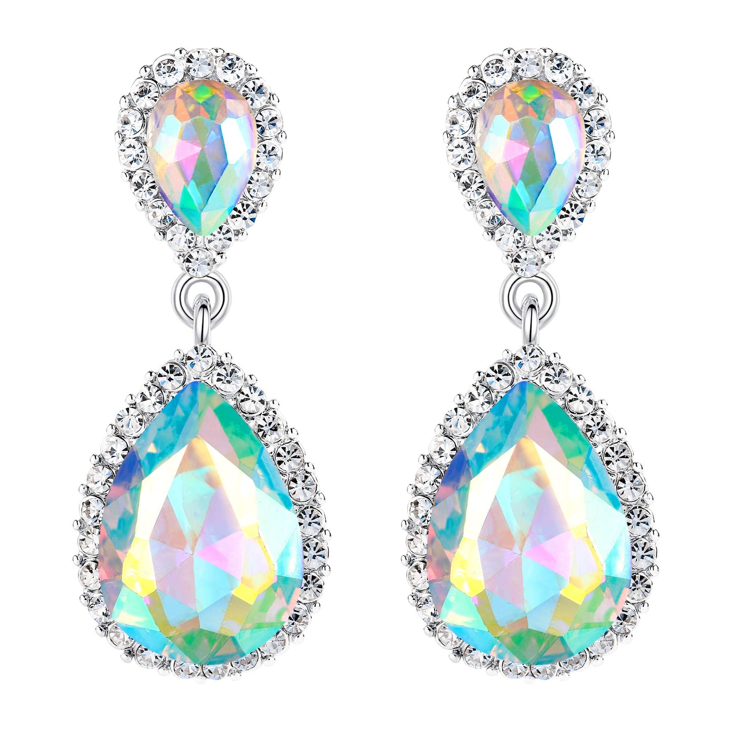 EVER FAITH Women's Austrian Crystal Wedding Tear Drop Dangle Earrings for Bride Iridescent AB Silver-Plated-Base