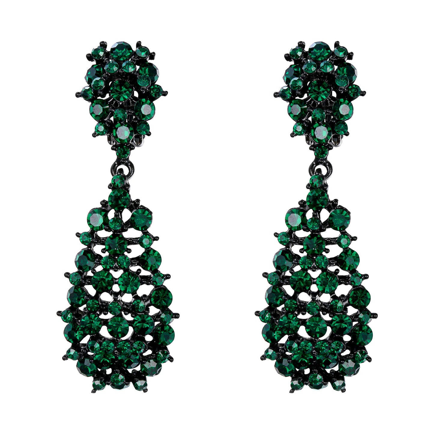 EVER FAITH Women's Jewelry Green Crystal Hollow Waterdrop Vinatge Style Dangle Clip-on Earrings Black-Tone