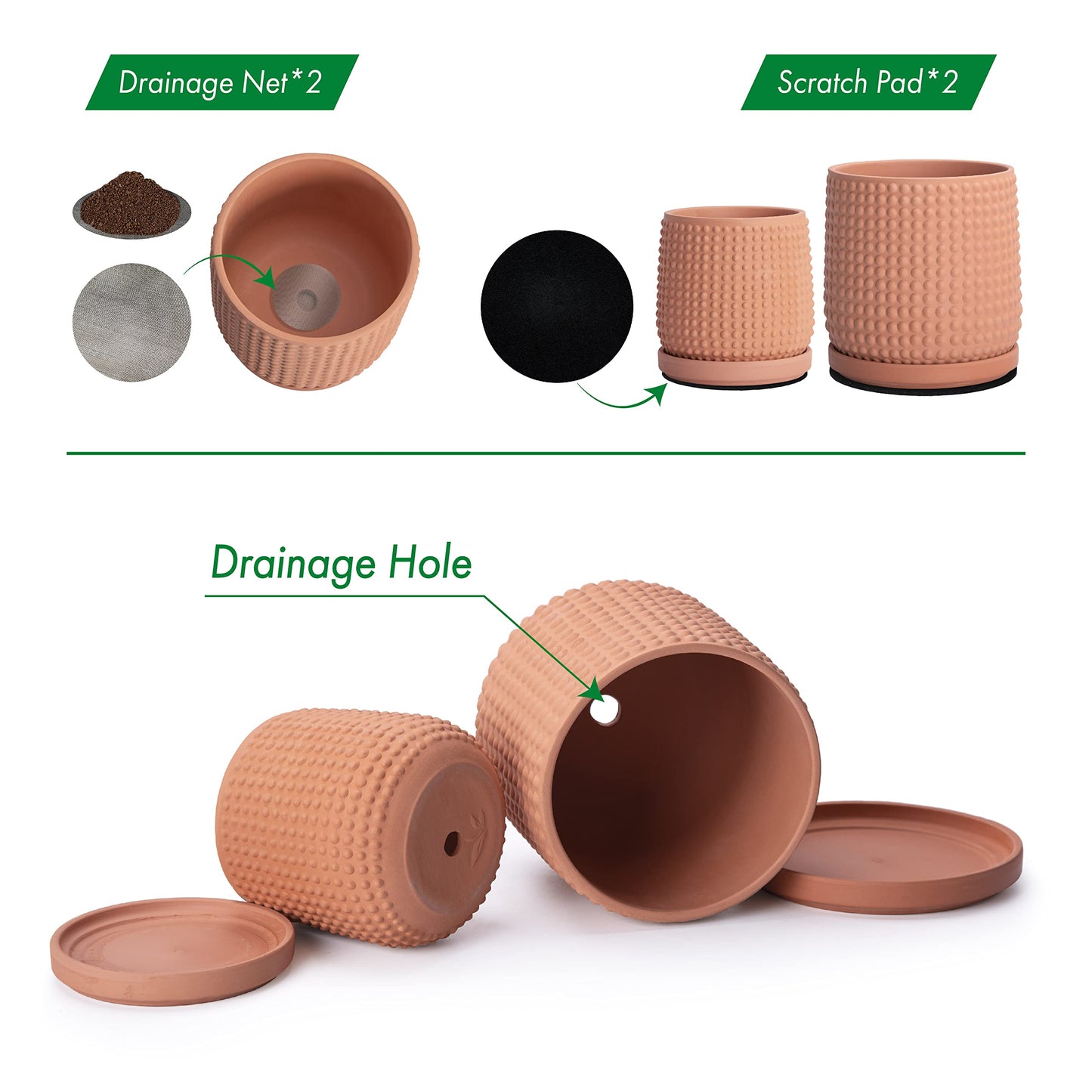D'vine Dev 6 Inch 4 Inch Terracotta Indoor Planter Pots with Drainage Hole and Saucer, Beaded Design Flower Pots, Set of 2, Terracotta Color, 27-D-U-7