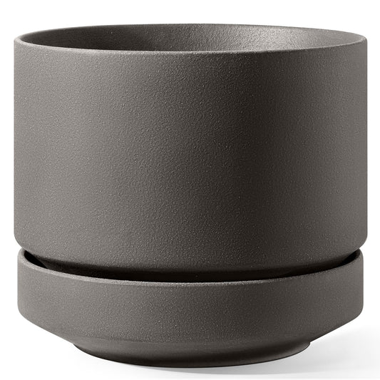 LE TAUCI 14 Inch Large Plant Pot with Saucer, Ceramic Outdoor & Indoor Big Planter with Drainage Hole, Mesh Pad Included, Unglazed Porous, Modern for Home and Patio, Charcoal Gray