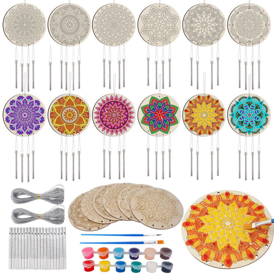 24 Sets Mandala Wind Chimes Craft for Kids,DIY Wood Hanging Bulk Ornaments Painting Craft,Color Your Own Mandala Windchime,Coloring Wind Chime for Kids Gifts School Home Party Activity Project Decor