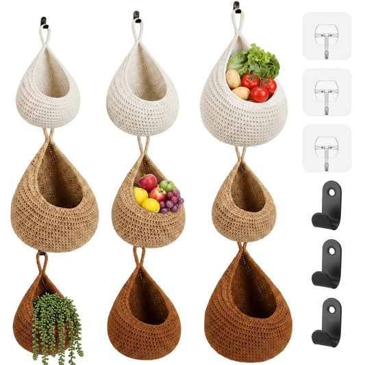 LemonRoad Boho Decor Hanging Wall Fruit Baskets for Kitchen 9 Pack Woven Teardrop Produce Baskets with 9 Pcs Strong Hooks 3 Sizes Hanging Storage Vegetable Potato Onion for Home, White, Linen, Jute