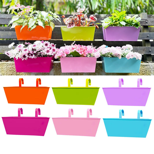 LalaGreen Rail Planter for Outdoor Plants (6 Pack, 12 Inch) Colorful Metal Rectangle Railing Hanging Planters Flower Pots, Deck Fence Bucket Window Box Plant Holder with Hooks Outdoor Porch Decors