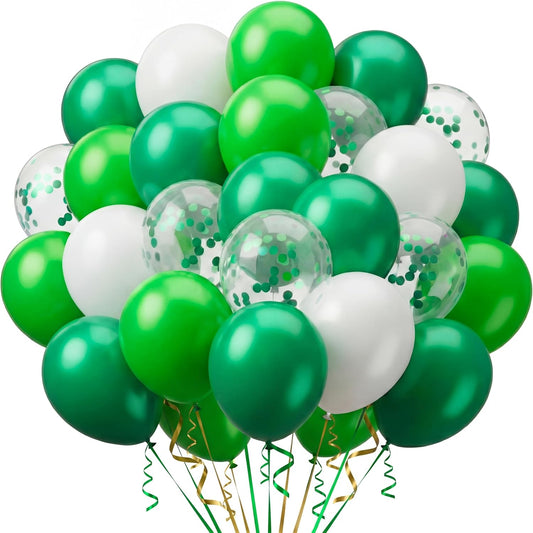 Sumind 48 Pcs Green Balloons - 12 Inch White & Green Confetti Latex for Jungle Safari Party Decor
