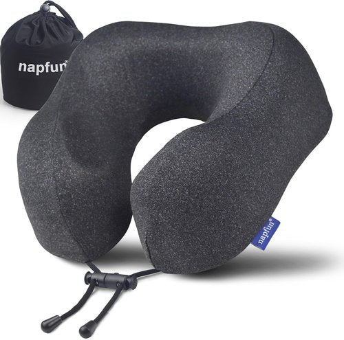 Napfun Neck Pillow - Upgraded Travel Pillow with 100% Pure Memory Foam | Portable Headrest for Airplane, Full Black