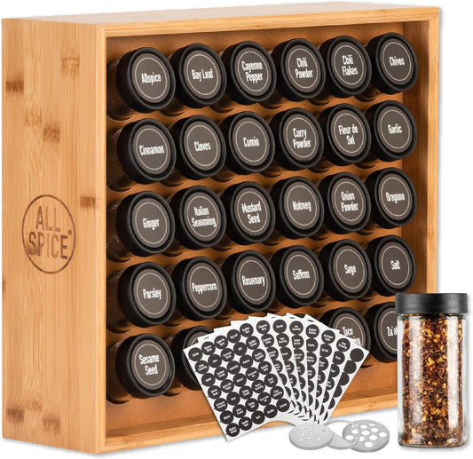 AllSpice Spice Rack Organizer - Bamboo Wood with 525 Unique Labels & 30 4oz Jars | Countertop or Wall Mount
