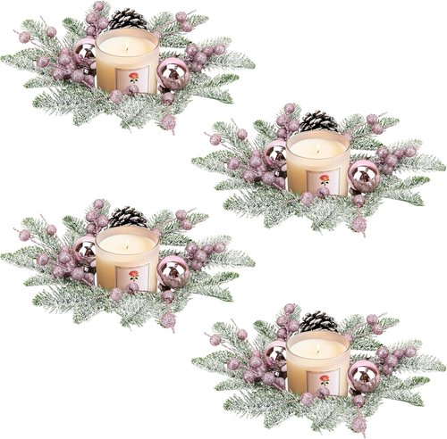 Christmas Candle Rings by [Brand Name] - 8" Small Wreaths with Pine Cones, Berries & Needles for Festive Table Decor