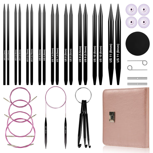 Froggod 4.53-inch (11.5cm) Interchangeable Circular Knitting Needles Set Aluminum US Sizes 2.5, 4, 5, 6, 7, 8, 9, 10, 11 with Interchangeable Knitting Needles and Cables, Accessories and Case, 9 Pairs