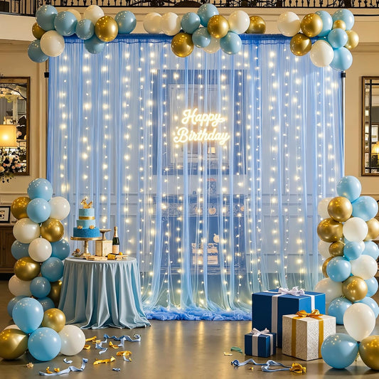 1012ft 2 512ft Baby Blue Sheer Tulle Backdrop Curtains with Lights String for Parties Baby Shower Decorations for Boy