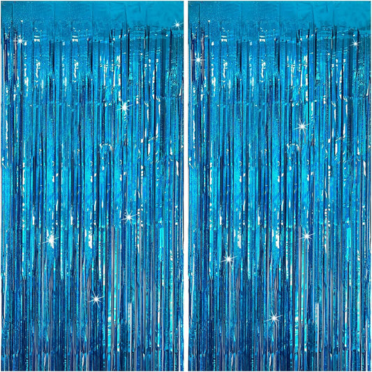Skiennix Tinsel Curtain Backdrop - Blue Glitter Foil Fringe for Birthday, Wedding & Party Decor | 2 Packs