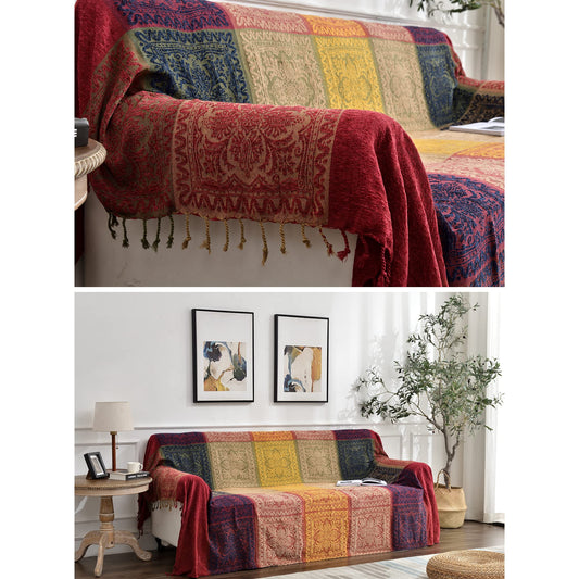 Boho Throw Blanket, Chenille Jacquard Tassels Throw Blankets for Bed Couch Soft Chair， Bohemian Fringe Tassels (Red, S:60x75