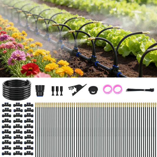Drip Irrigation System for Garden, Automatic Watering System with Adjustable 360° Copper Spray Nozzles, DIY Drip Irrigation Kit for Yard, Lawn, Greenhouse, Raised Beds & Potted Plants (100FT)
