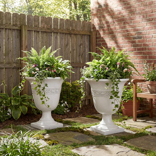 Christopher Knight Home Sical Round Concrete Planter Set of 2, 2 Pack Garden Flower Pot with Drainage Hole, MGO Patio Urn Planter for Outdoor Plants, Outdoor Planter Box, No Assembly, Antique White