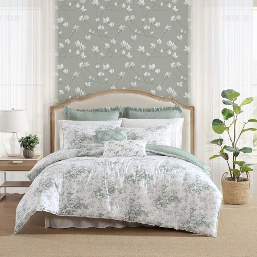Laura Ashley - Full/Queen Comforter Set, Premium Cotton Bedding with Matching Shams & Bonus Decorative Pillow Covers, Floral Home Decor, Oeko-Tex Certified (Toile Delight Green, Full/Queen)