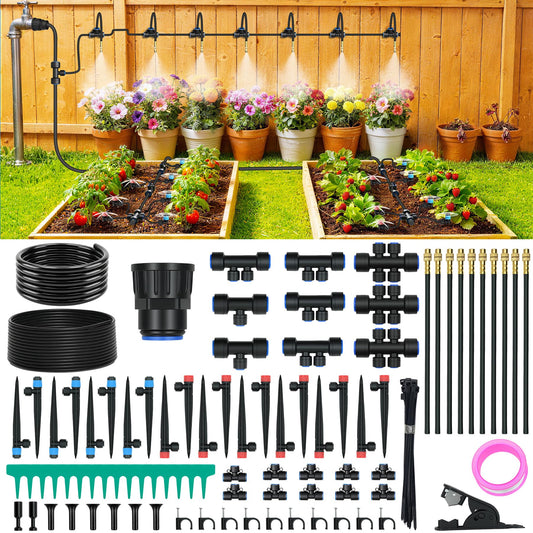 100FT Drip Irrigation Kit, Automatic Garden Watering System with Quick Connect PE Tubing, 2026 New Upgraded Water-Saving Design, 3 Adjustable Nozzles for Yard, Greenhouse, Lawn & Raised Bed Plants