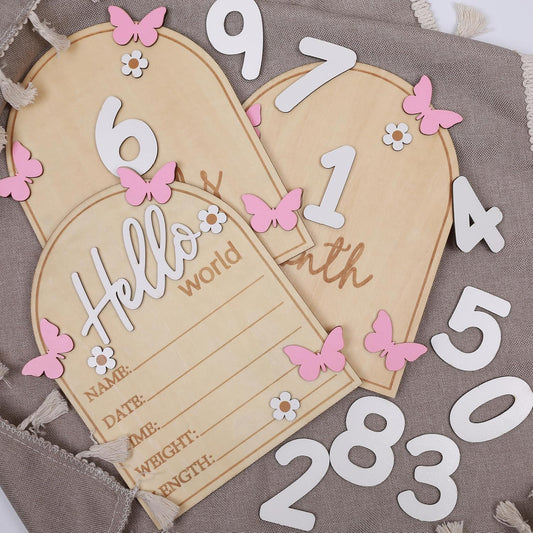 Board,3D Pink Butterfly Hello World Newborns Welcome Wooden Monthly Milestone Cards,Pink Butterfly Newborn Birth