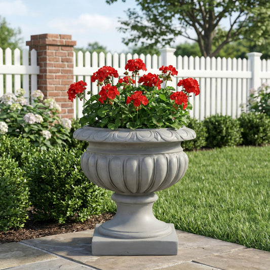 Merax 18.11" H Ornate Scrollwork Pedestal Urn Planter Weather-Resistant MGO Outdoor Flower Pot for Garden Patio and Front Porch Entrance,Gray