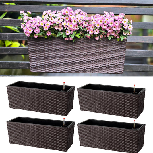 LaLaGreen Deck Railing Planter Box (20 Inch, 4 Pack) Brown Rectangular Window Flower Boxes with Bracket, Self Watering System Hanging Planter Box for Outdoor Plant Container Herb Rail Fence Balcony