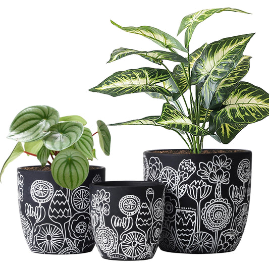 FUYHE Terracotta Pots, 6.5+5+4.4 Inch Plant Pots with Drainage Hole- Floral Pattern, Black Boho Ceramic Planters for Indoor Plants, Flower Pots Indoor Succulents, Herbs Plants,Set of 3