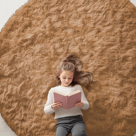 OLANLY Round Khaki Area Rug - Soft, Fluffy, Machine Washable 7 ft Circle Carpet for Bedroom & Living Room
