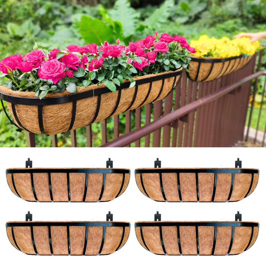 LaLaGreen Railing Planter Box (24 Inch, 4 Pack) Black Metal Rectangular Hanging Planters with Coco Liner, Flower Boxes Brackets for Deck Railings Outdoor Plants Over Rail Fence Balcony Patio Porch