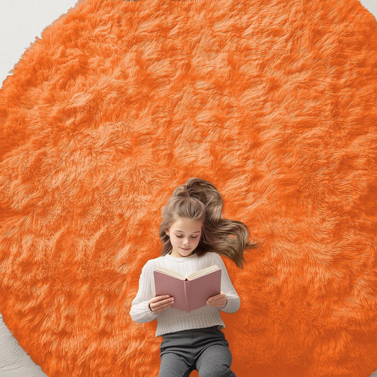 OLANLY Orange Round Rug - Soft, Fluffy Shaggy Carpet for Bedroom & Living Room | 9 ft Circle Area Rug