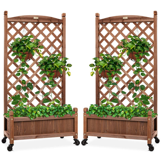 Best Choice Products Set of 2 48in Wood Planter Box & Diamond Lattice Trellis, Mobile Outdoor Raised Garden Bed for Climbing Plants w/Drainage Holes, Optional Wheels - Walnut