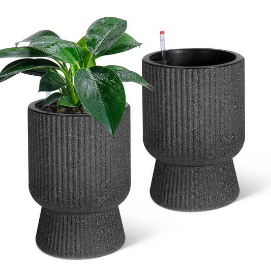 CABIHOME 14.2" Tall Planters, 2packs-Large Planter for Outdoor Plants, Flower Pots with Water Level Monitor, for Patio, Porch, Living Room, Home Office, for Outdoor & Indoor Plants, Classic Black