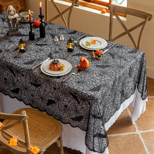 Joyfol Day Halloween Spiderweb Tablecloth, Black Lace Fabric Bats Table Cloths, Spooky Spiders Table Cover, Rectangle Tables Parties Gothic Scary Nights Decorations (60x84 Inch)
