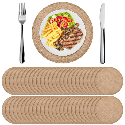 Yunlly Set of 48 Round Burlap Placemats Bulk Burlap Farmhouse Placemats Set Heat Resistant Table Mats Circle Jute Charger Place Mats for Wedding Holiday Dinner Rustic Table Decorations(11.8 in,Brown)