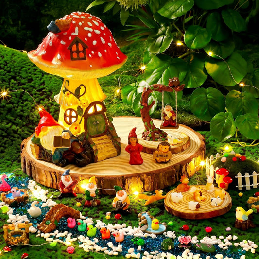 HyDren 100 Pcs Fairy House Garden Kit Accessories Miniatures Fairy Figures Gnomes Statue Lights Mushroom House Micro Landscape Ornaments for DIY Outdoor Dollhouse Decoration