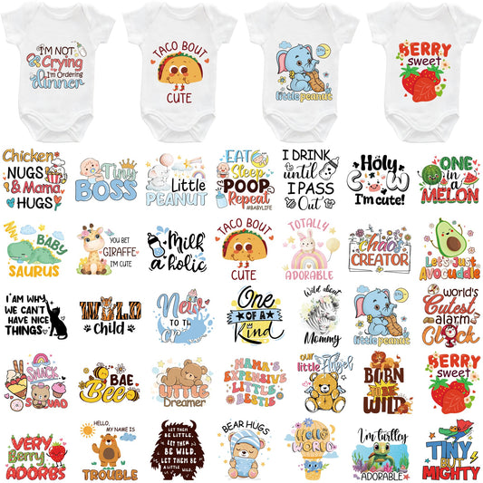 Baby Iron on Transfers, 36 PCS Onesie Decorating Kit Baby Shower, Cute Animal Heat Transfer Stickers, Gender Reveal Patch, Iron on Decals for T Shirts Hoodie Bibs Bodysuit Clothing DIY Crafts