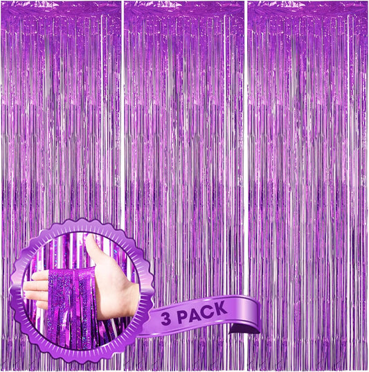Voircoloria Laser Purple Foil Fringe Backdrop Curtains - 3 Pack | 3.3 x 8.2 ft Party Decorations for Birthdays, Graduations, and More