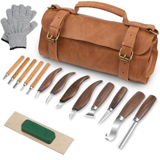 Wood Carving Knife Set, Stainless Steel Whittling Knife with Sharp Edge and Black Walnut Wood Handle for Comfortable Grip - Ideal Whittling Kit for Beginners and Professionals with Storage Bag