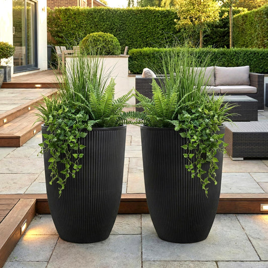 Casaphoria 2-Pack 23" Tall Planters for Outdoor Plants, 17" Large Plastic Flower Pots with Drainage, Lightweight Antique Shape Planters for Front Porch, Patio, Deck (Black)