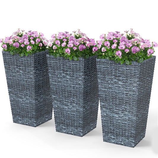 Outsunny Tall Planters for Outdoor Plants Set of 3, 24 in Taper Planters with Drainage Holes, Rattan Decor Plant Pots for Indoor Outdoor Front Porch Patio Backyard, Gray