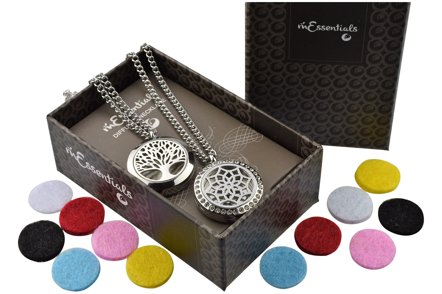 Tree of Life and Flower with CZ's Essential Oil Diffuser Necklace Stainless Steel t Pendants with 24" Chains + 12 Refill Pads
