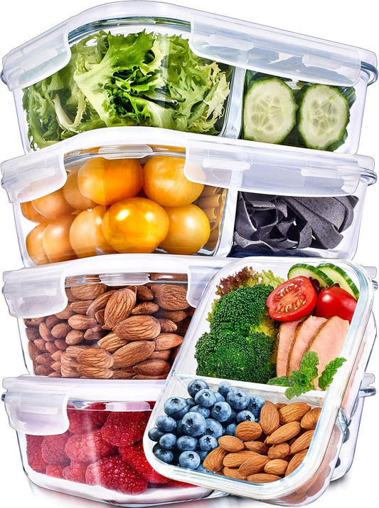 Prep Naturals Glass Meal Prep Containers - Airtight 36oz Food Storage Bowls | Dishwasher & Microwave Safe - Set of 5, Clear