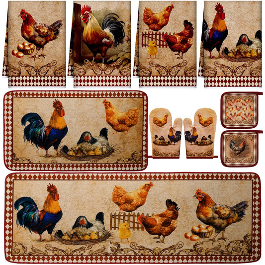 Fourluoo 10 Pcs Rooster Chicken Kitchen Dish Towels Rugs Oven Mitts and Pot Holders Sets Farmhouse Rustic Rooster Kitchen Decor Set for Cooking Baking Grilling Women Mom Gift(Brown)