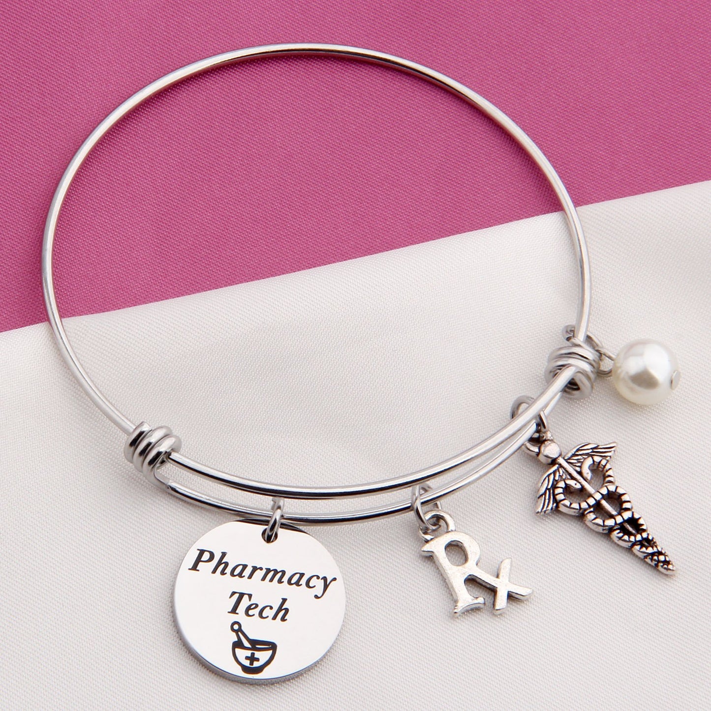 LQRI QIIER Pharmacy Tech Gift Pharmacy Technician Bracelet Expandable Wire Bangle RX Jewelry Gift for Pharmacist (Silver)