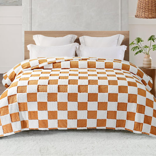 Exclusivo Mezcla Fleece Blanket Queen, Cozy Lightweight Fuzzy Checkered Blanket for Bed, Suitable for All Seasons, Coral Orange, 90" x 90"