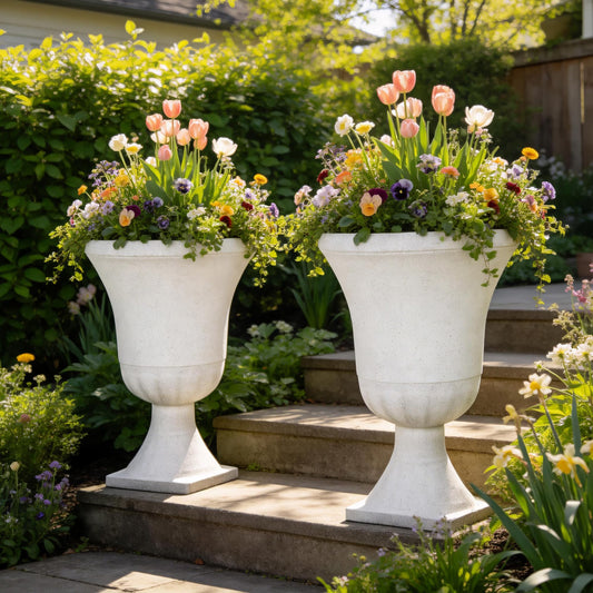 Autodaya 22" Urn Planters Outdoor Planter for Plants Set of 2 Timeless Plastic Large Flower Pot with Drainage Hole Terrazzo White Garden Pots for Porch, Patio Christmas Decor