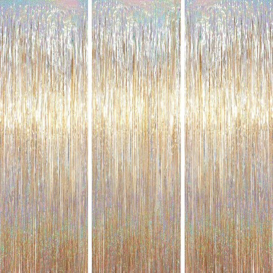 Voircoloria Foil Fringe Backdrop Curtains - 3.3 x 6.6 Ft Tinsel Streamers for Parties | Champagne Color