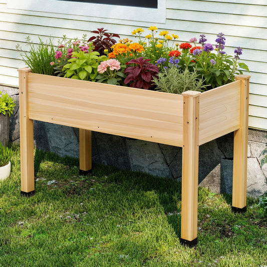 AMERLIFE Raised Garden Bed, 48x30x24 Inches Elevated Wood Planter Box with Legs, Bed Liner, Divider and Drainage Holes for Backyard, Patio, 200 lb Capacity - Light Wood